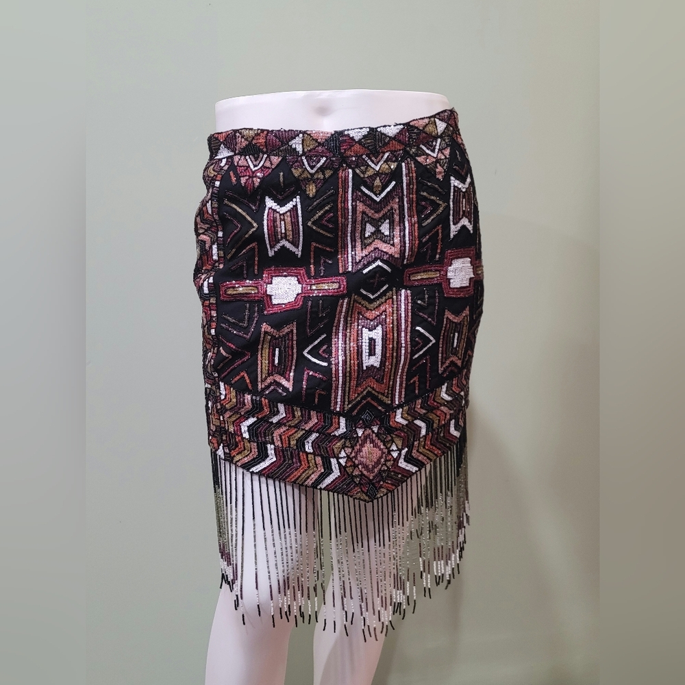 Haute Hippie, Sequin. Chic Asymmetrical Black and Brown Fringe Skirt